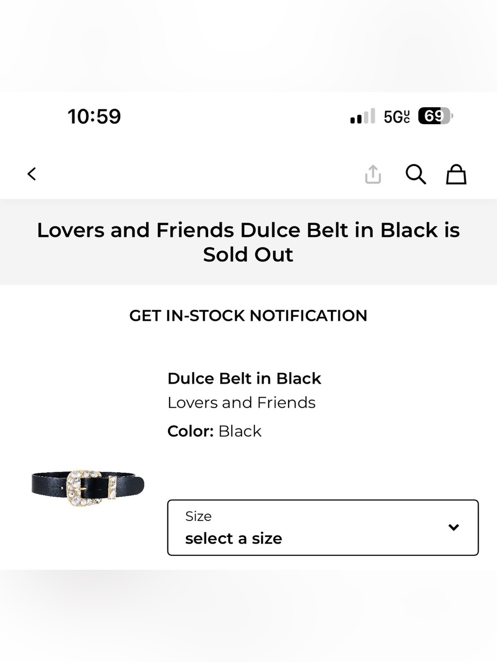 Lovers + Friends Black Belt with Gold Crystal Buckle